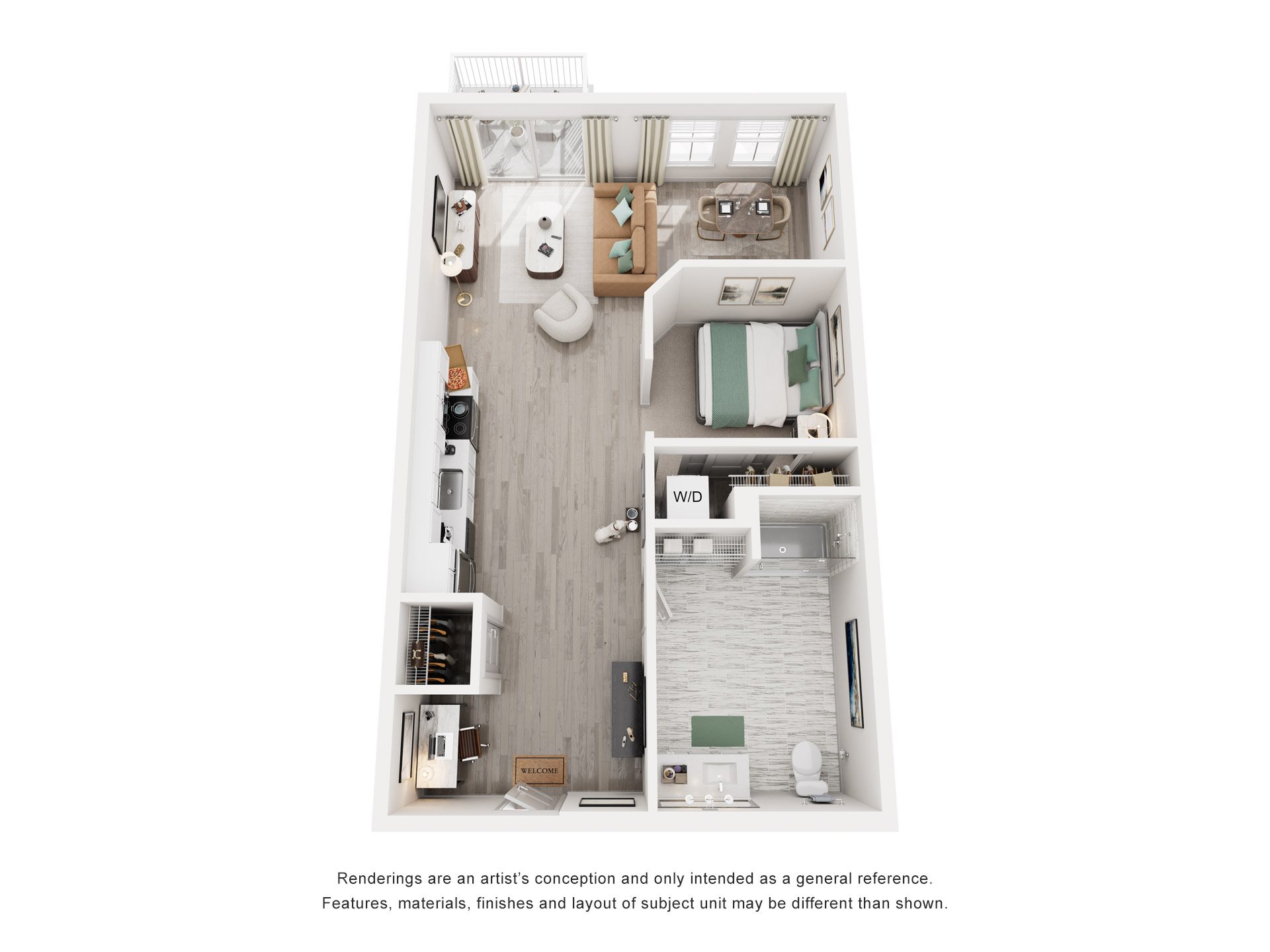 Floor plan for 1 bed, 1 bath, 608 sqft